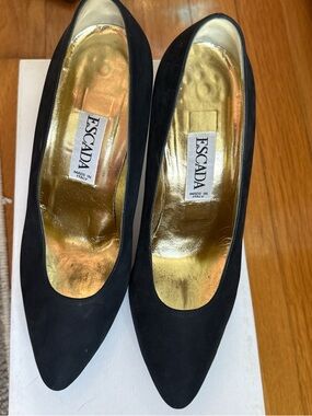 Vintage Escada black suede pumps with gold studded heel